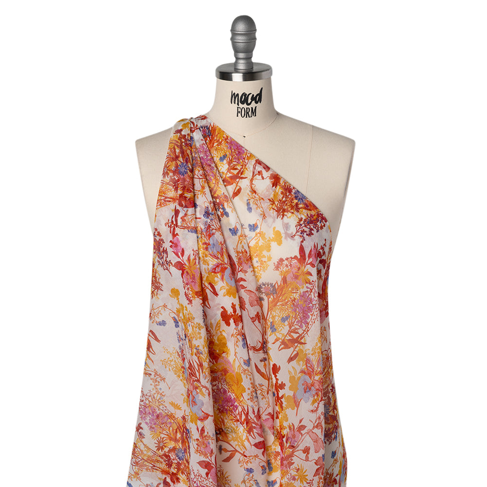 Crinkled Silk Chiffon Print - Red, Yellow and Orchid Pink Wildflowers - Deadstock