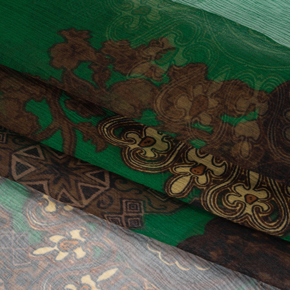 Crinkled Silk Chiffon Print - Green, Brown and Beige Medallions - Deadstock