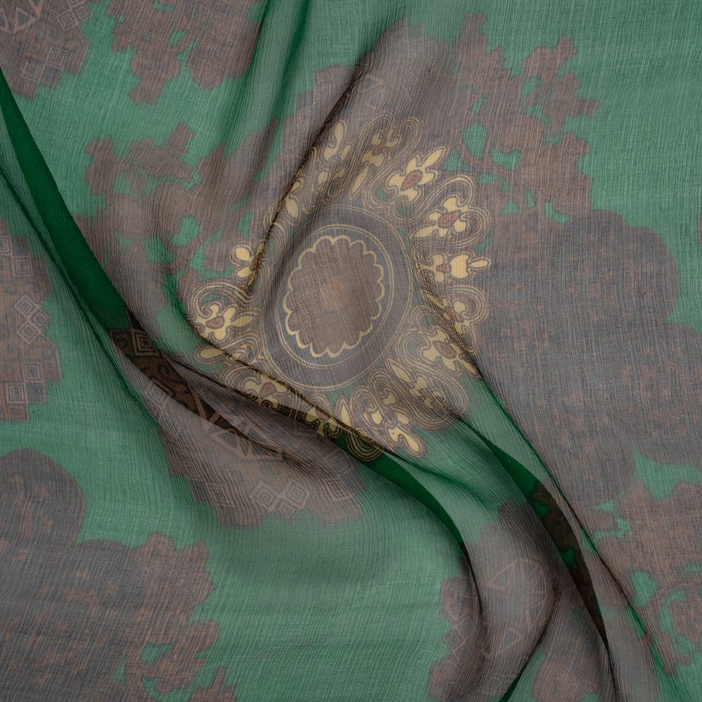 Crinkled Silk Chiffon Print - Green, Brown and Beige Medallions - Deadstock