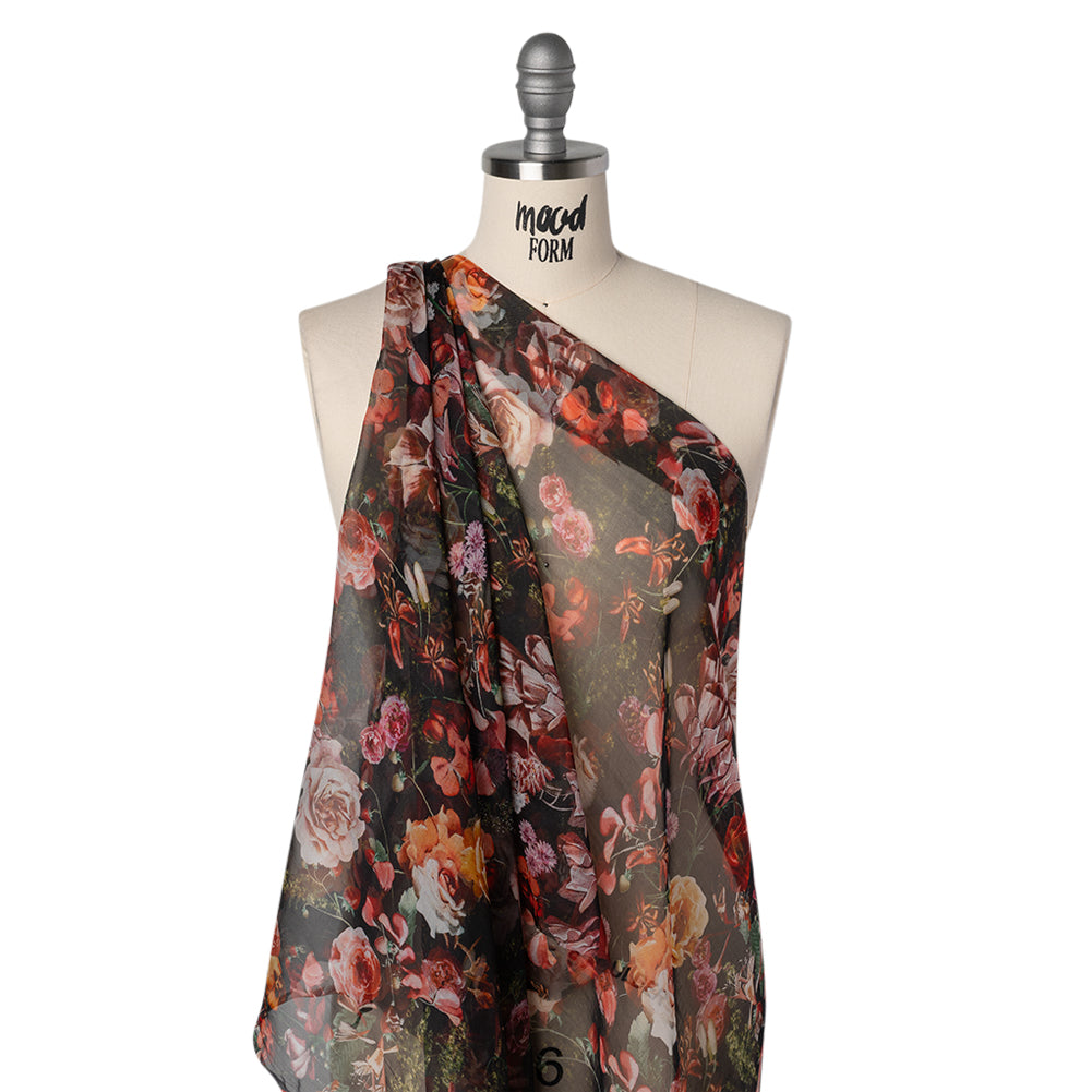 Silk Voile Print - Black, Red and Yellow Bouquets - Deadstock