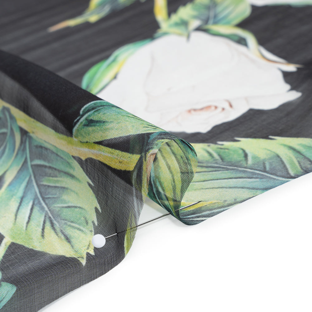 Silk Voile Print - Black, White and Green Roses - Deadstock