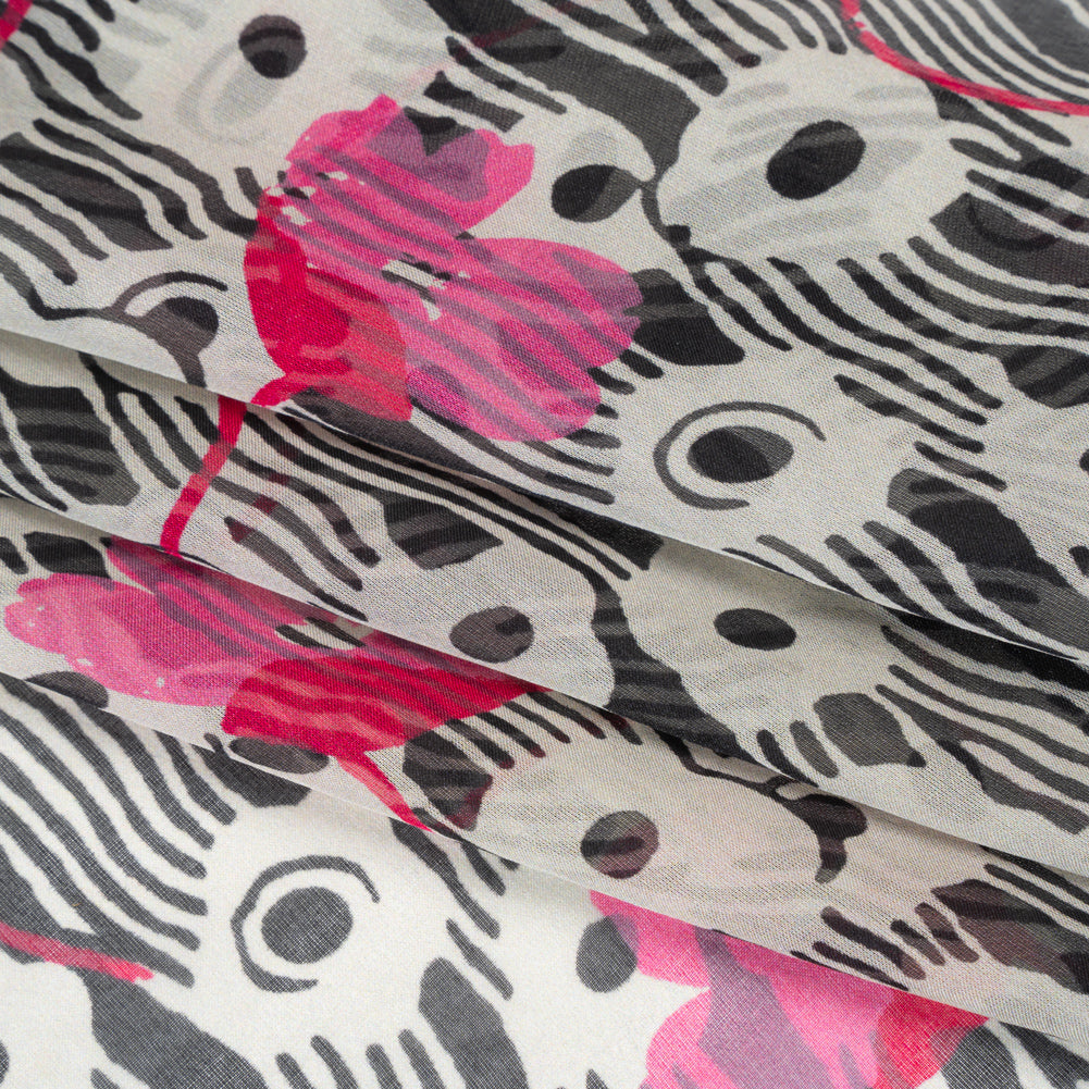 Silk Voile Print - Pink, White and Black Flowers and Stripes - Deadstock