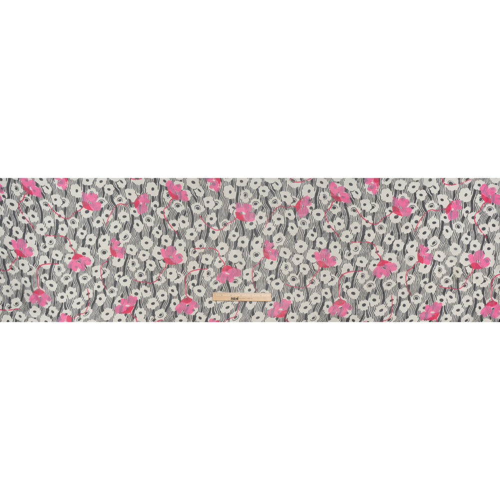 Silk Voile Print - Pink, White and Black Flowers and Stripes - Deadstock