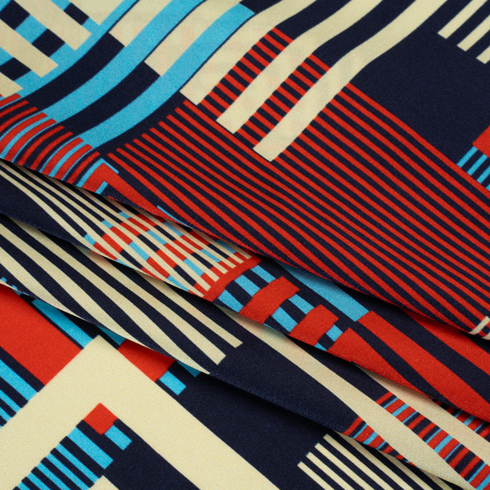 Stretch Silk Charmeuse Print - Red, Blue and Pale Yellow Striped Geometrics - Deadstock