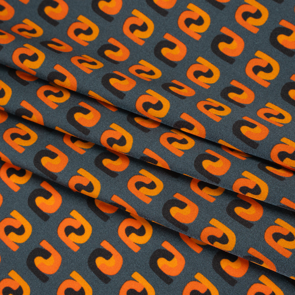 Stretch Silk Charmeuse Print - Steel, Black and Orange Geometric - Deadstock