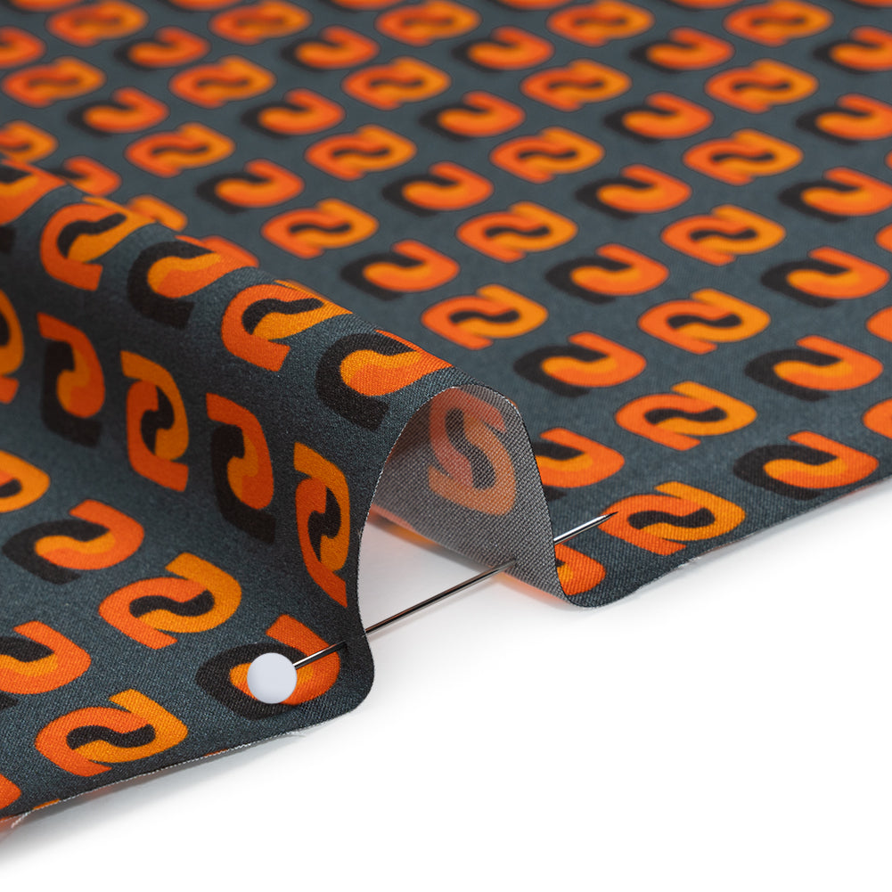Stretch Silk Charmeuse Print - Steel, Black and Orange Geometric - Deadstock