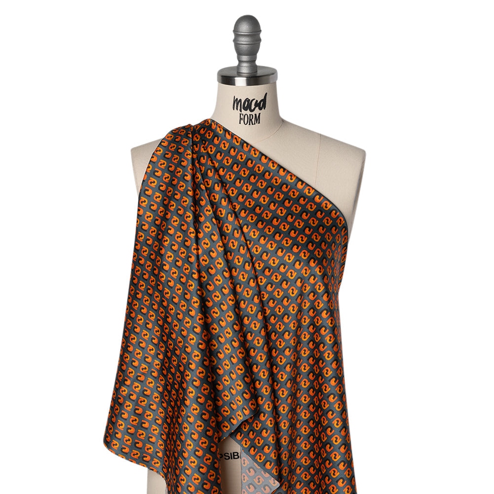 Stretch Silk Charmeuse Print - Steel, Black and Orange Geometric - Deadstock