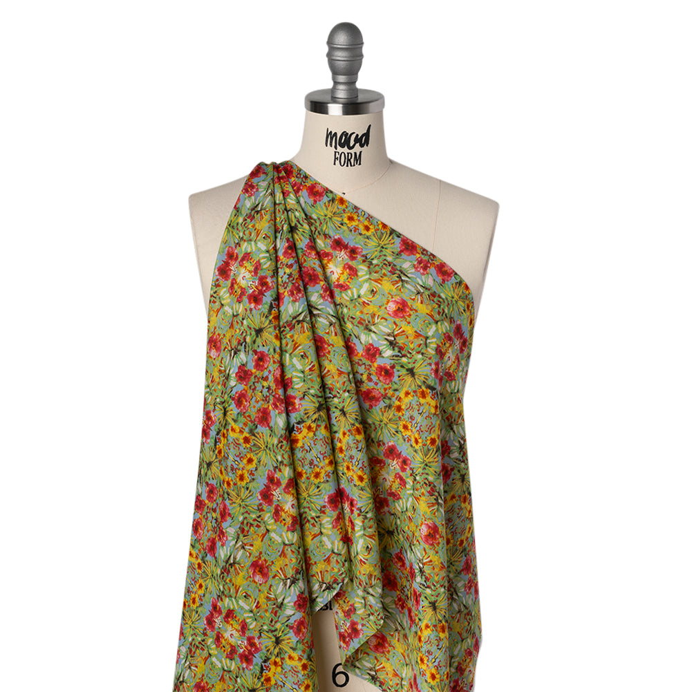 Silk and Cotton Voile Print - Bright Pink, Yellow and Light Blue Tropical Flower Medallions - Deadstock
