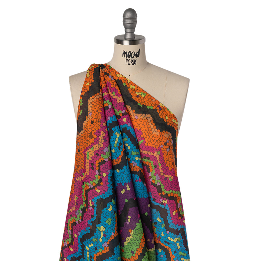 Silk and Cotton Voile Print - Rainbow Mosaic Stripes - Deadstock