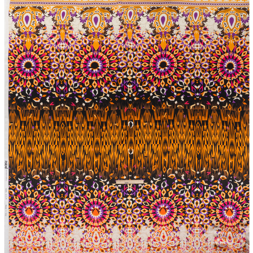 Silk Charmeuse Panel 16MM, Made in Italy - Pink, Purple and Orange Geometric Kaleidoscope Medallions