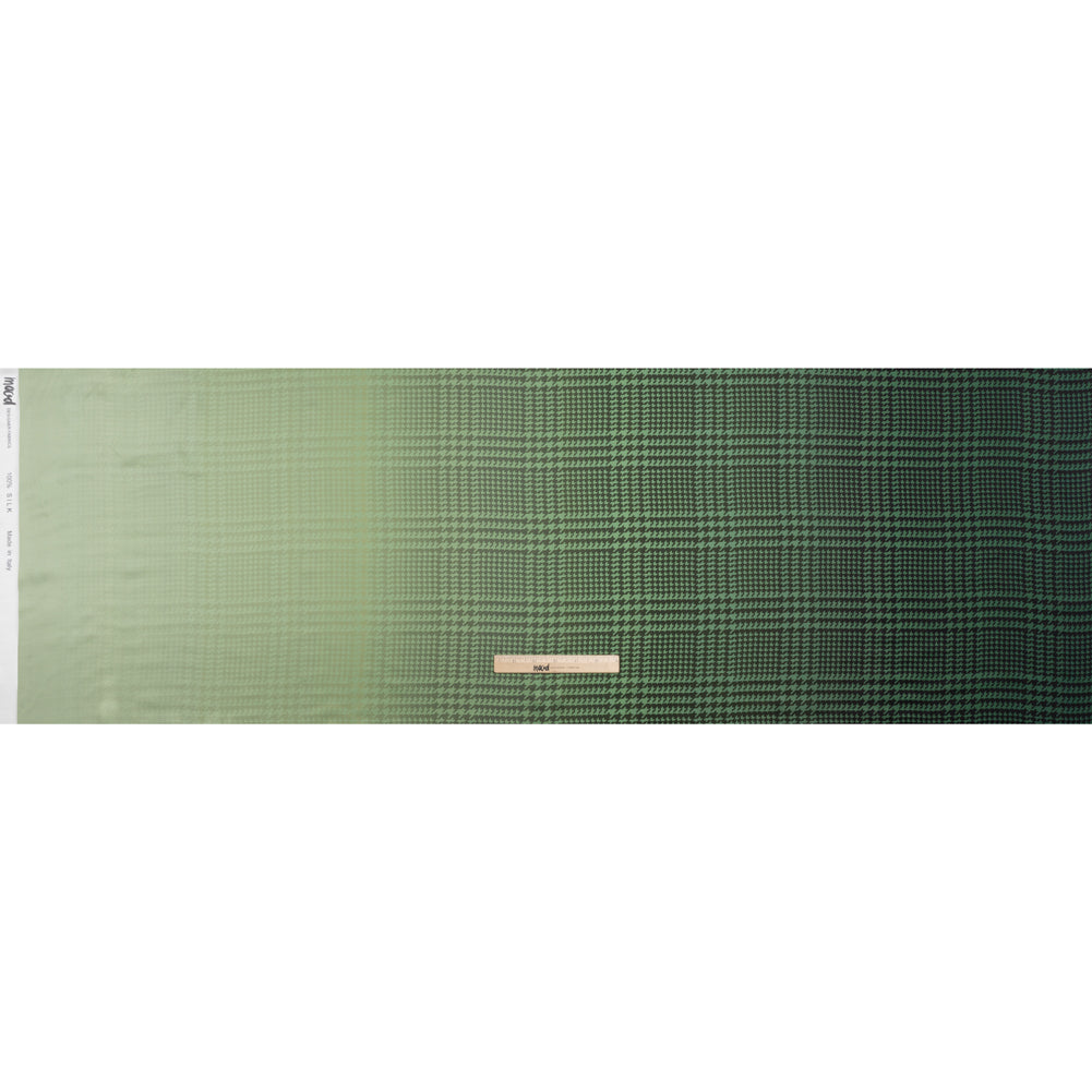 Silk Charmeuse Print 16MM, Made in Italy - Sage, Forest Green and Black Glen Check Ombre