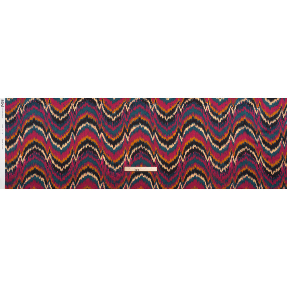 Silk Charmeuse Print 16MM, Made in Italy - Navy, Magenta and Gold Ikat Marbled Waves
