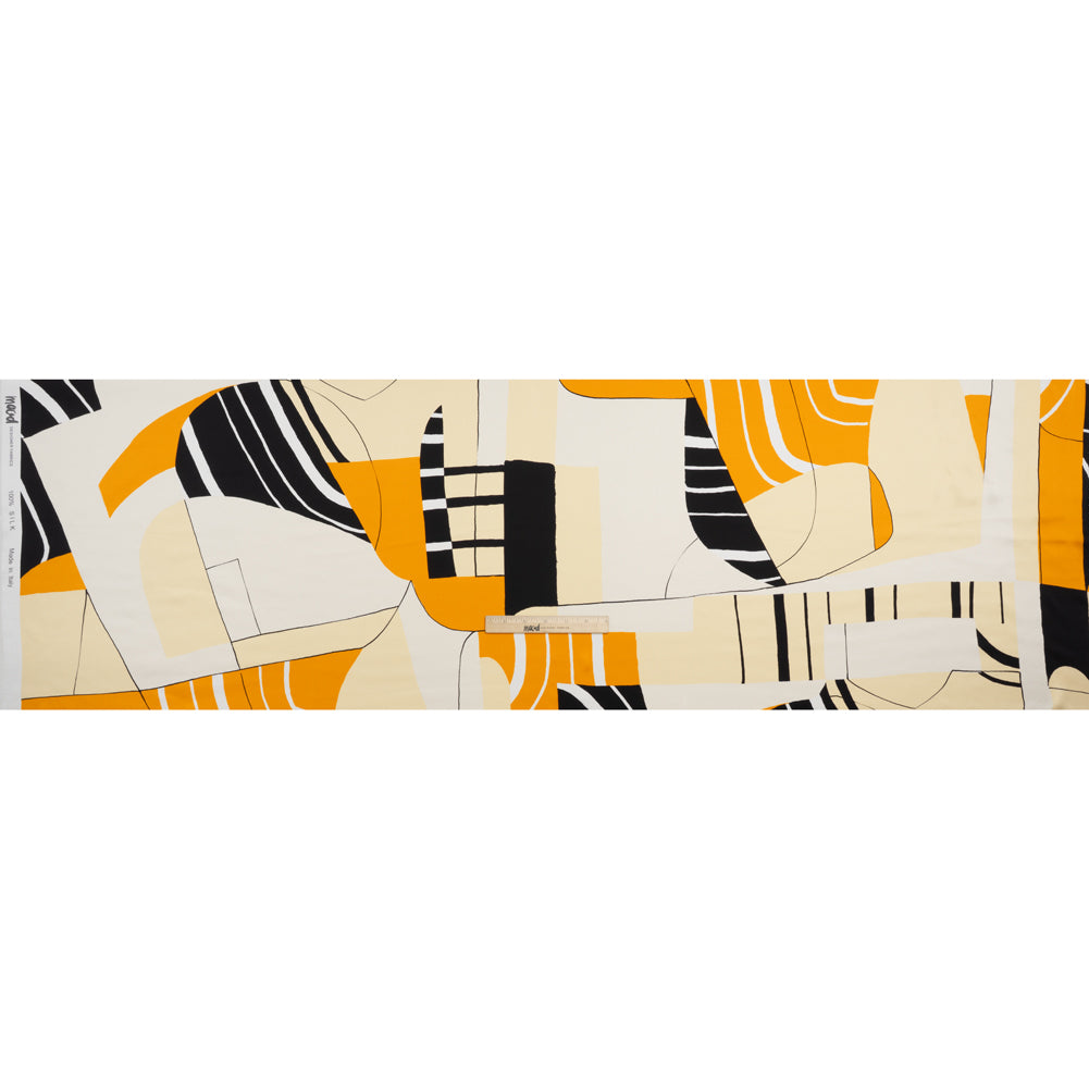 Silk Charmeuse Print 16MM, Made in Italy - Off White, Golden Yellow and Black Abstract