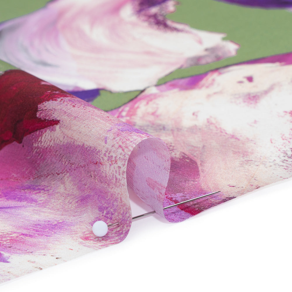 Silk Charmeuse Print 16MM, Made in Italy - Sage Green, Purple and Pink Painterly Flowers