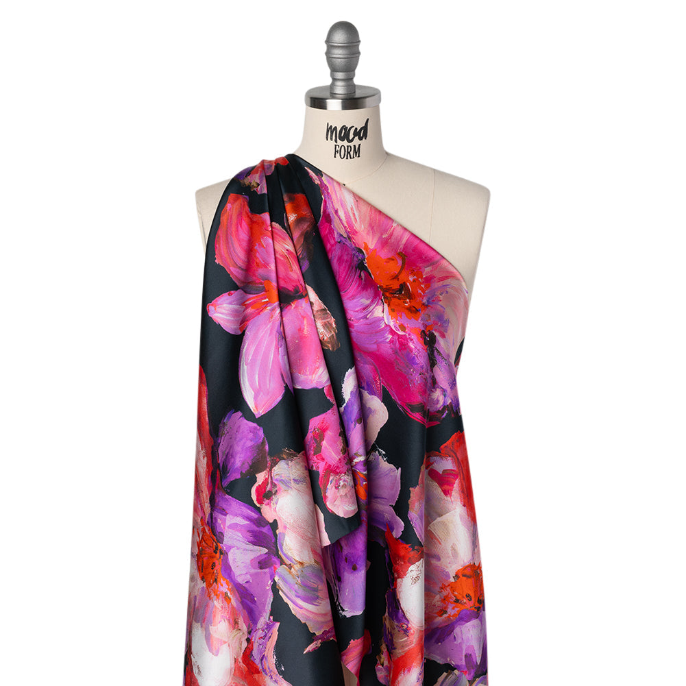 Silk Charmeuse Print 16MM, Made in Italy - Navy, Purple and Pink Painterly Flowers