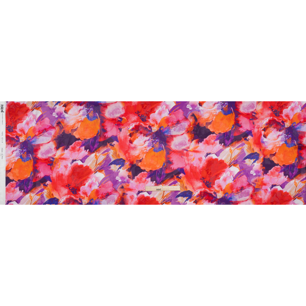 Silk Charmeuse Print 16MM, Made in Italy - Purple, Crimson and Orange Watercolor Flowers