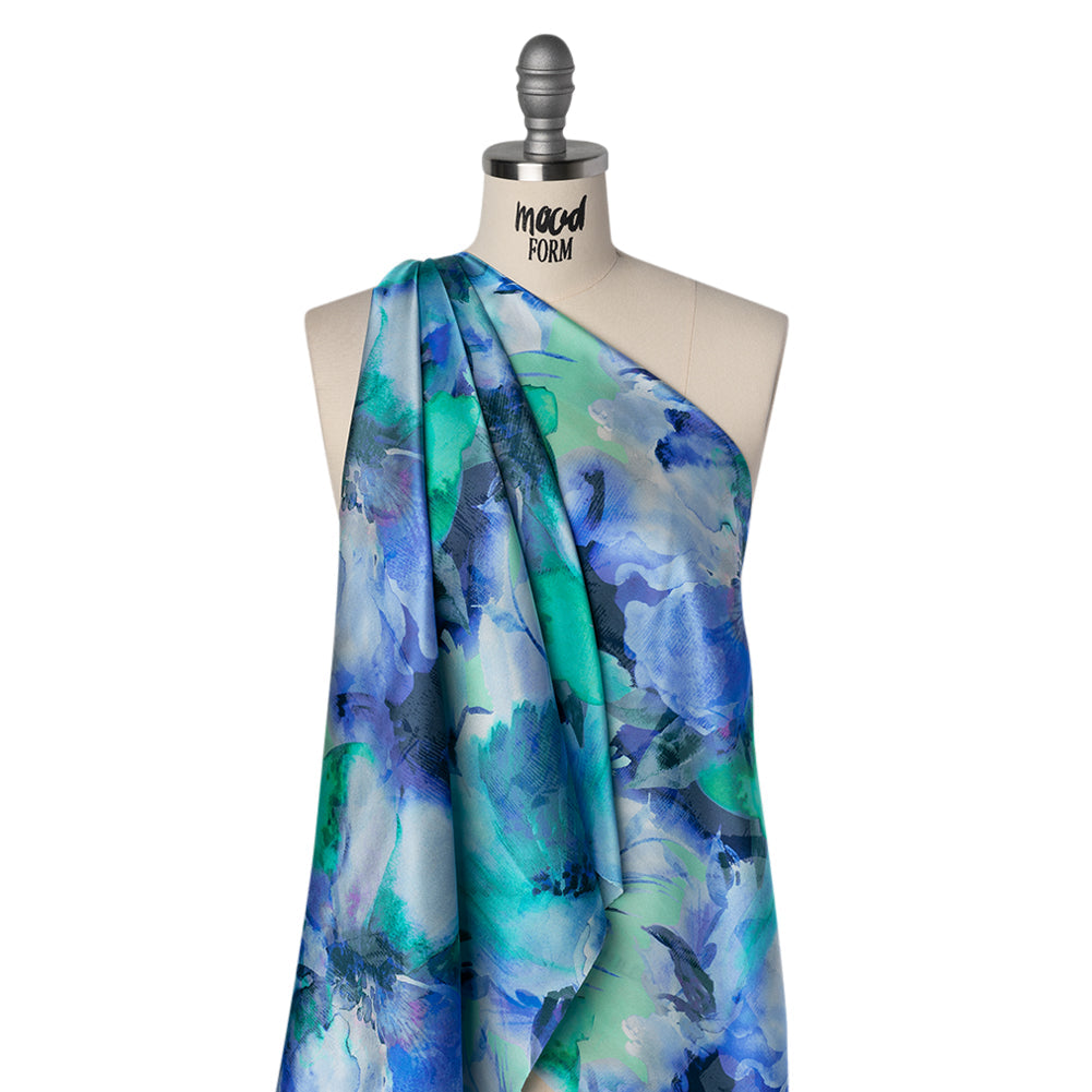 Silk Charmeuse Print 16MM, Made in Italy - Blue, Green and Light Purple Watercolor Flowers