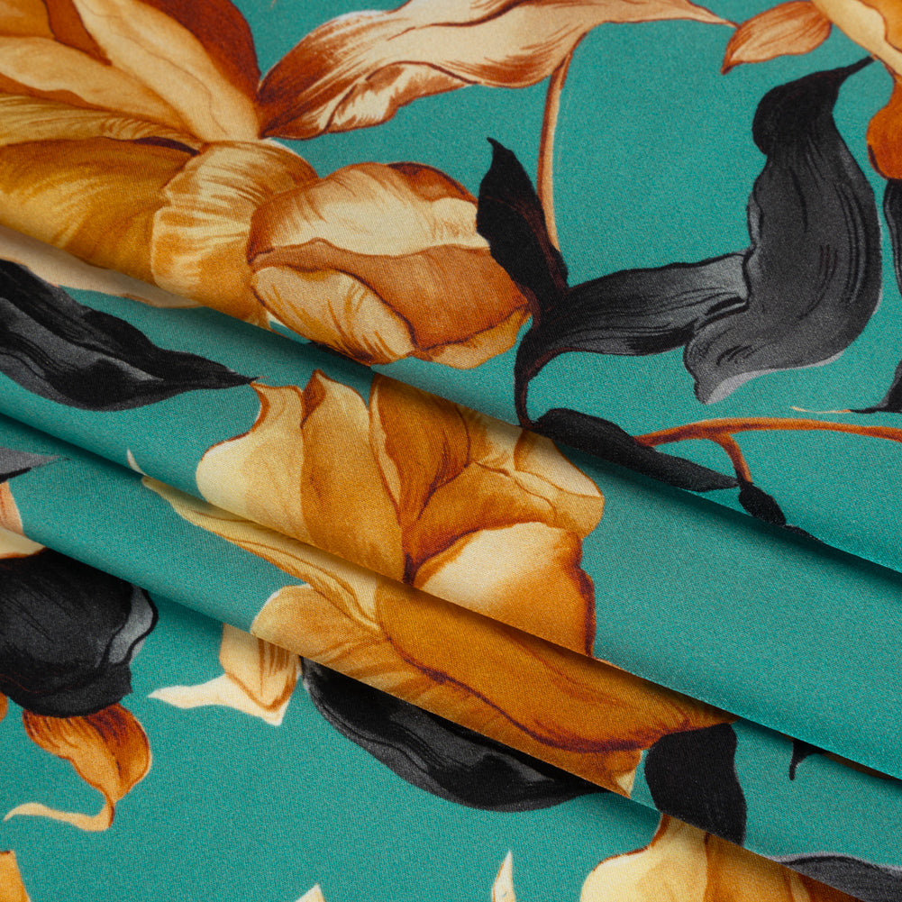 Silk Charmeuse Print 16MM, Made in Italy - Teal, Earthy Orange and Charcoal Blooming Roses