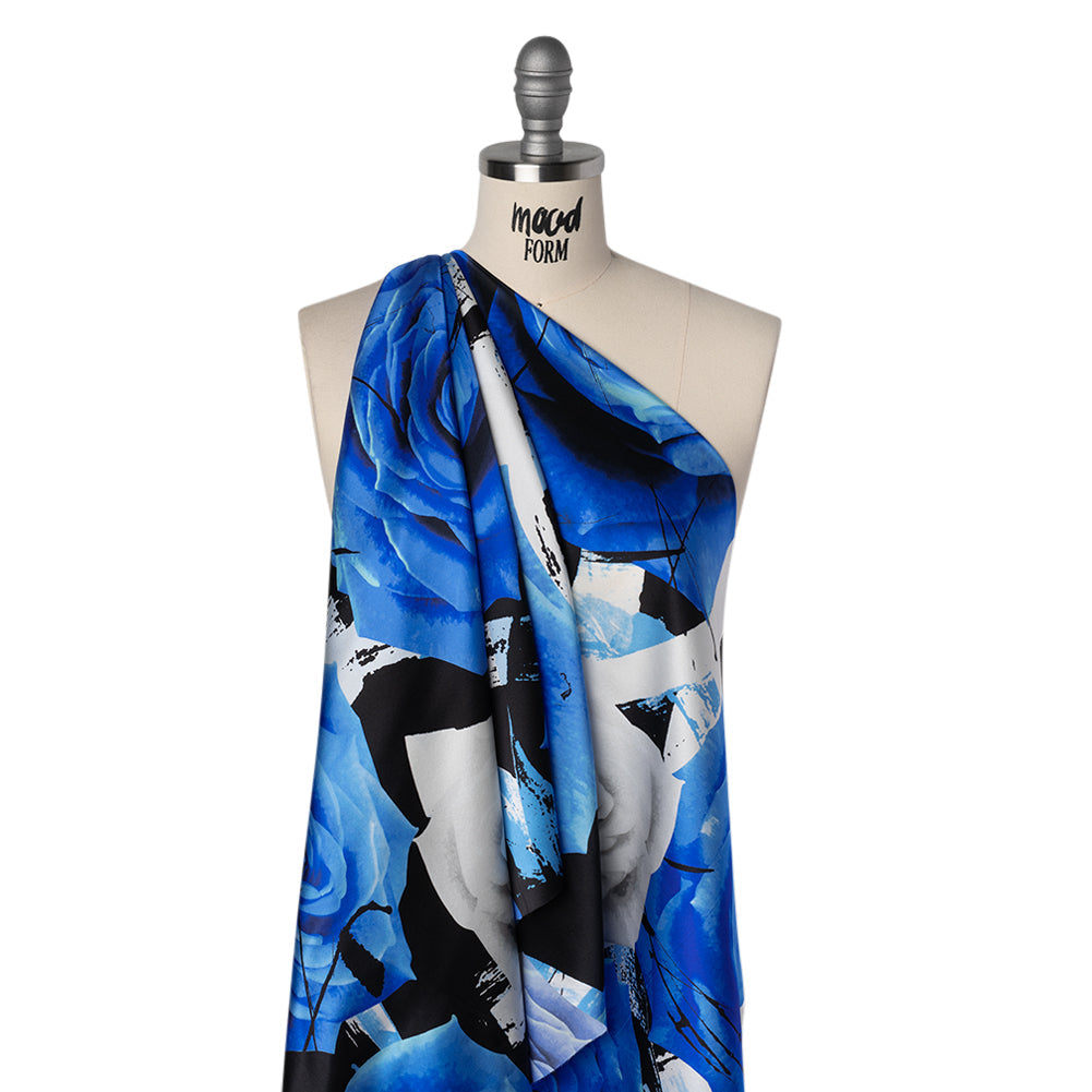 Silk Charmeuse Print 16MM, Made in Italy - Blue, White and Black Rose Bouquet
