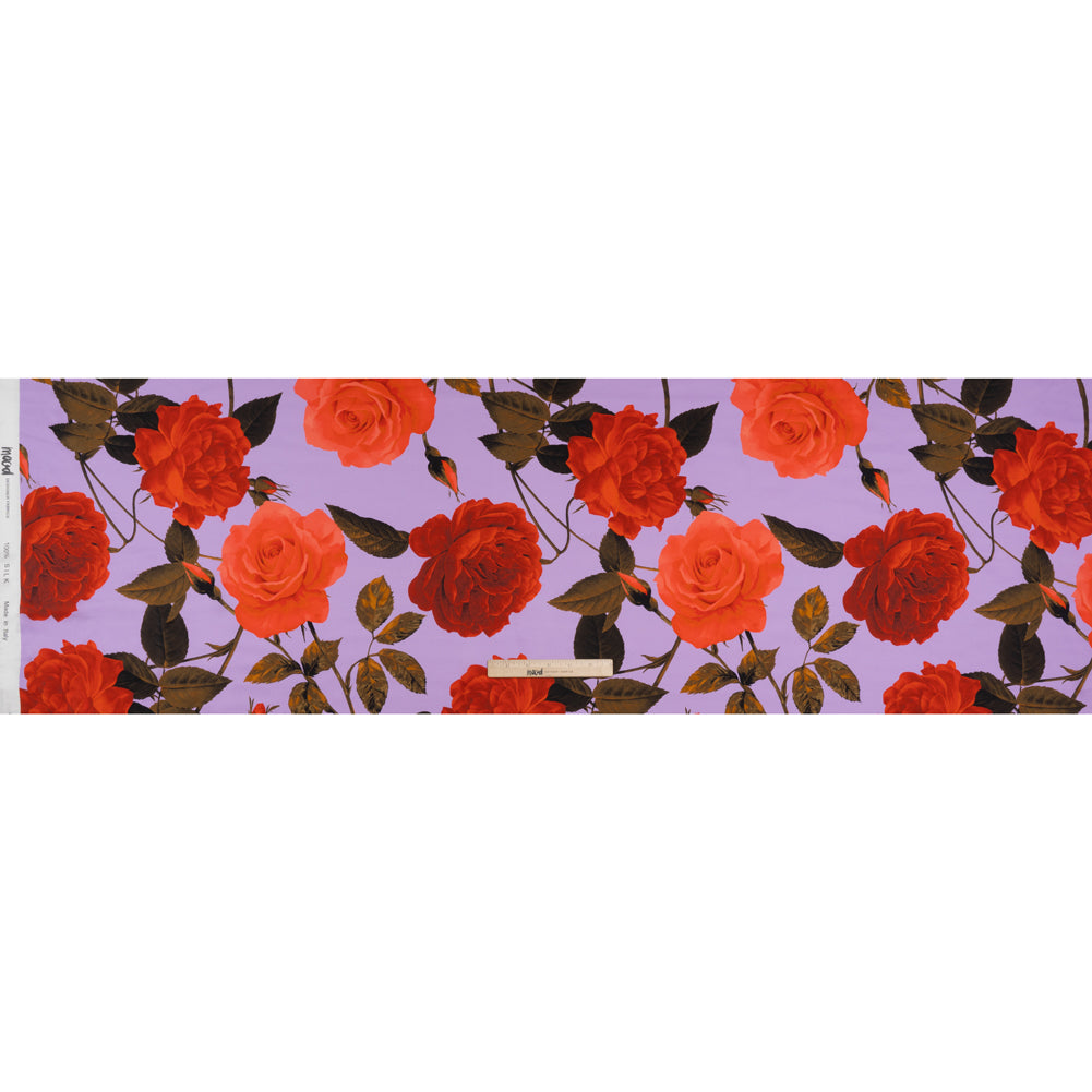 Silk Charmeuse Print 16MM, Made in Italy - Lavender, Red and Olive Green Roses and Stems