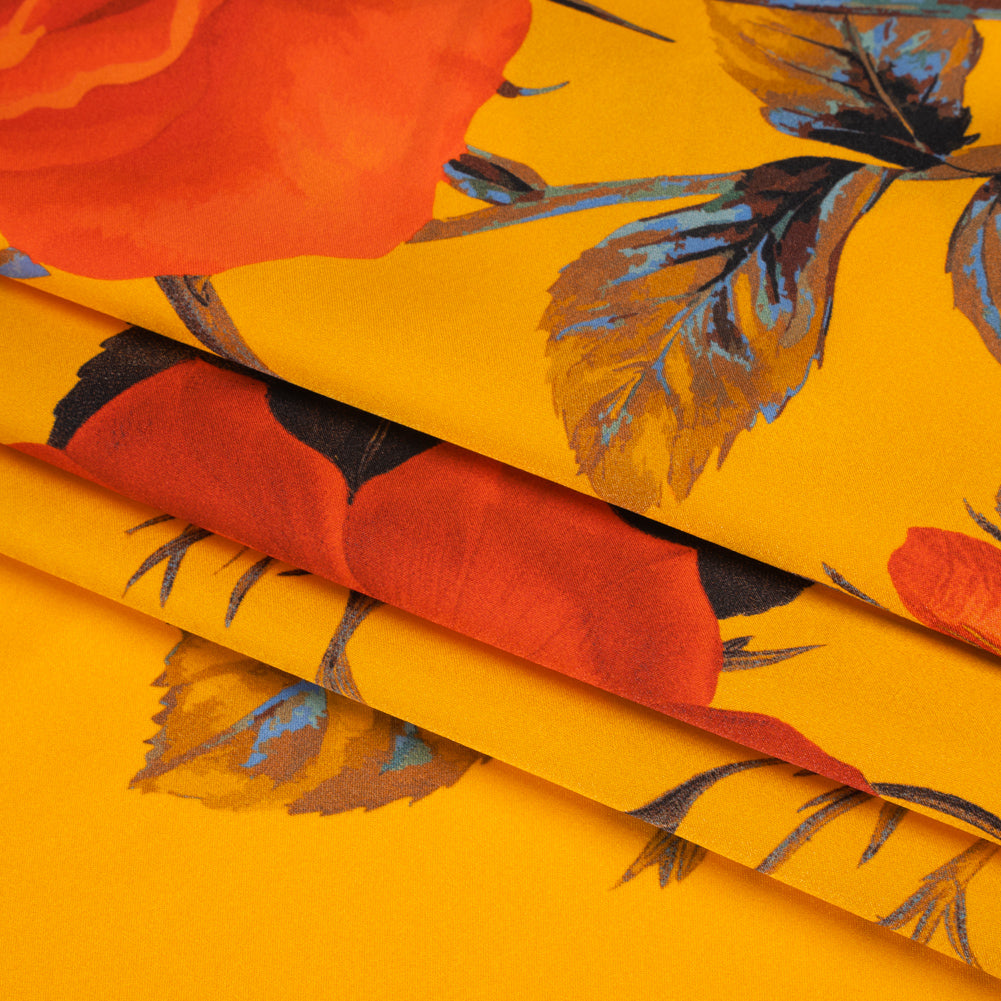 Silk Charmeuse Print 16MM, Made in Italy - Golden Yellow, Red and Olive Green Roses and Stems
