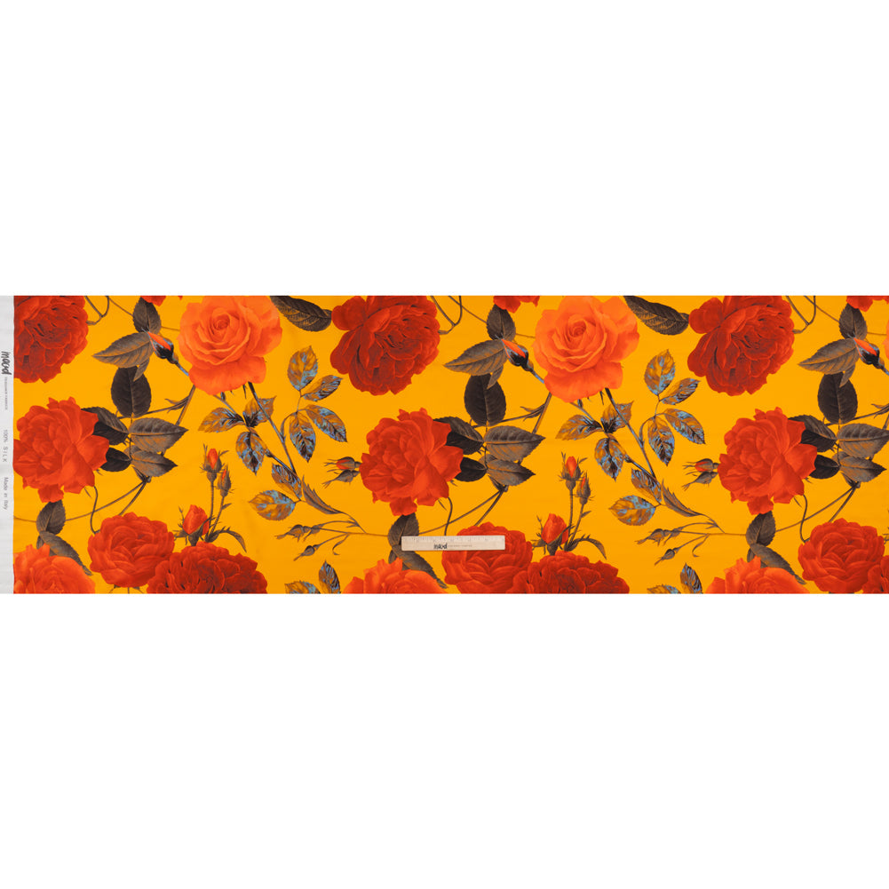 Silk Charmeuse Print 16MM, Made in Italy - Golden Yellow, Red and Olive Green Roses and Stems