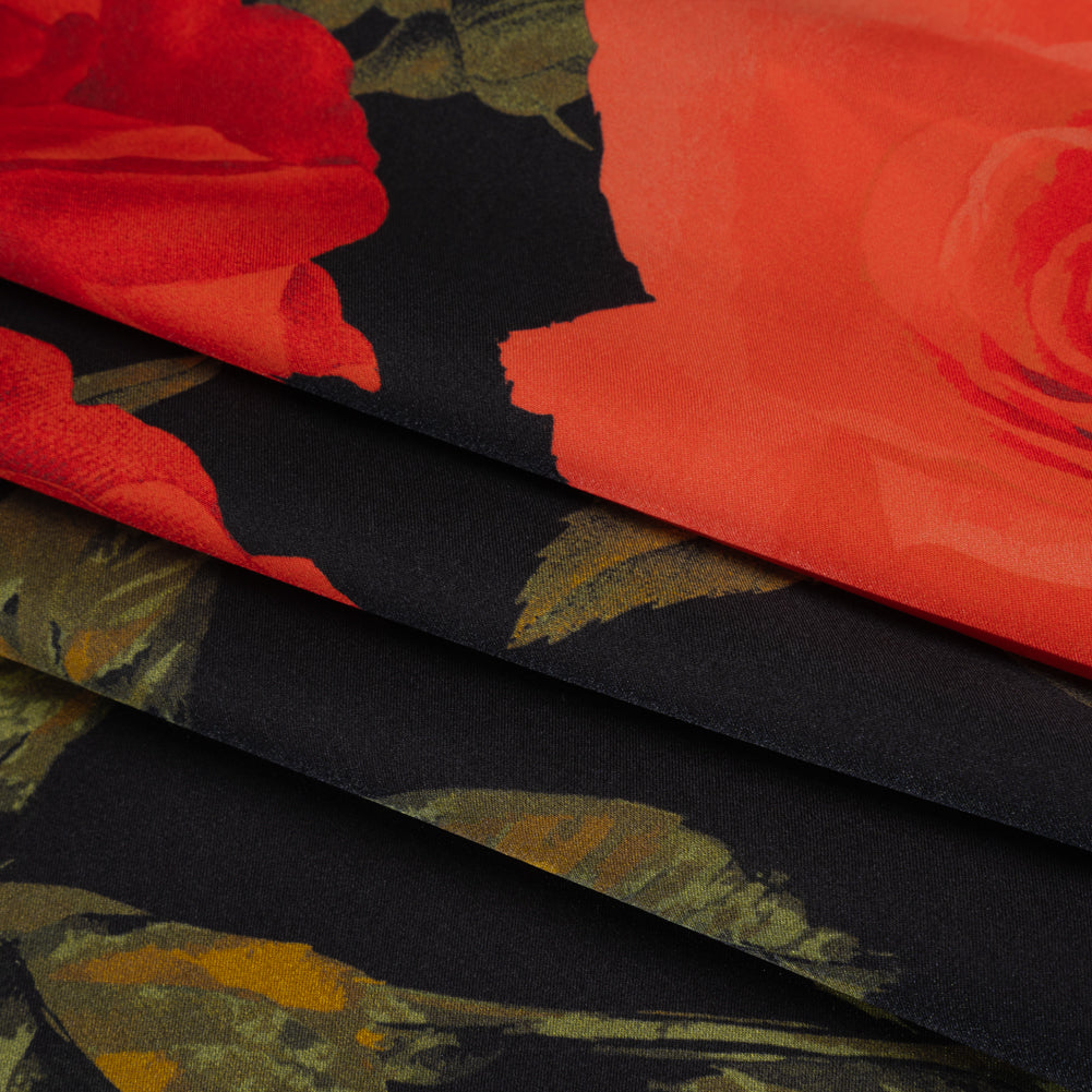 Silk Charmeuse Print 16MM, Made in Italy - Black, Red and Olive Green Roses and Stems