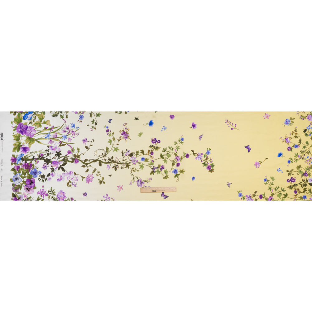 Silk Charmeuse Print 16MM, Made in Italy - Yellow Ombre with Purple and Blue Floral Borders