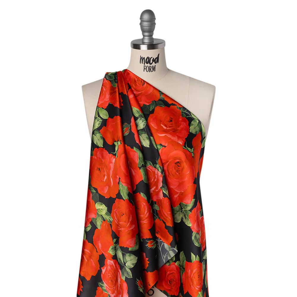 Silk Charmeuse Print 16MM, Made in Italy - Black, Red and Green Bunches of Roses