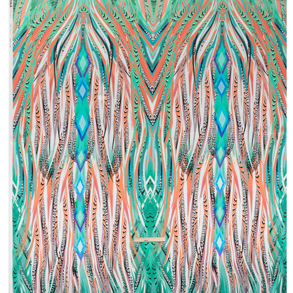 Silk Charmeuse Panel 16MM, Made in Italy - Turquoise, Mint and Coral Pink Fanning Feathers