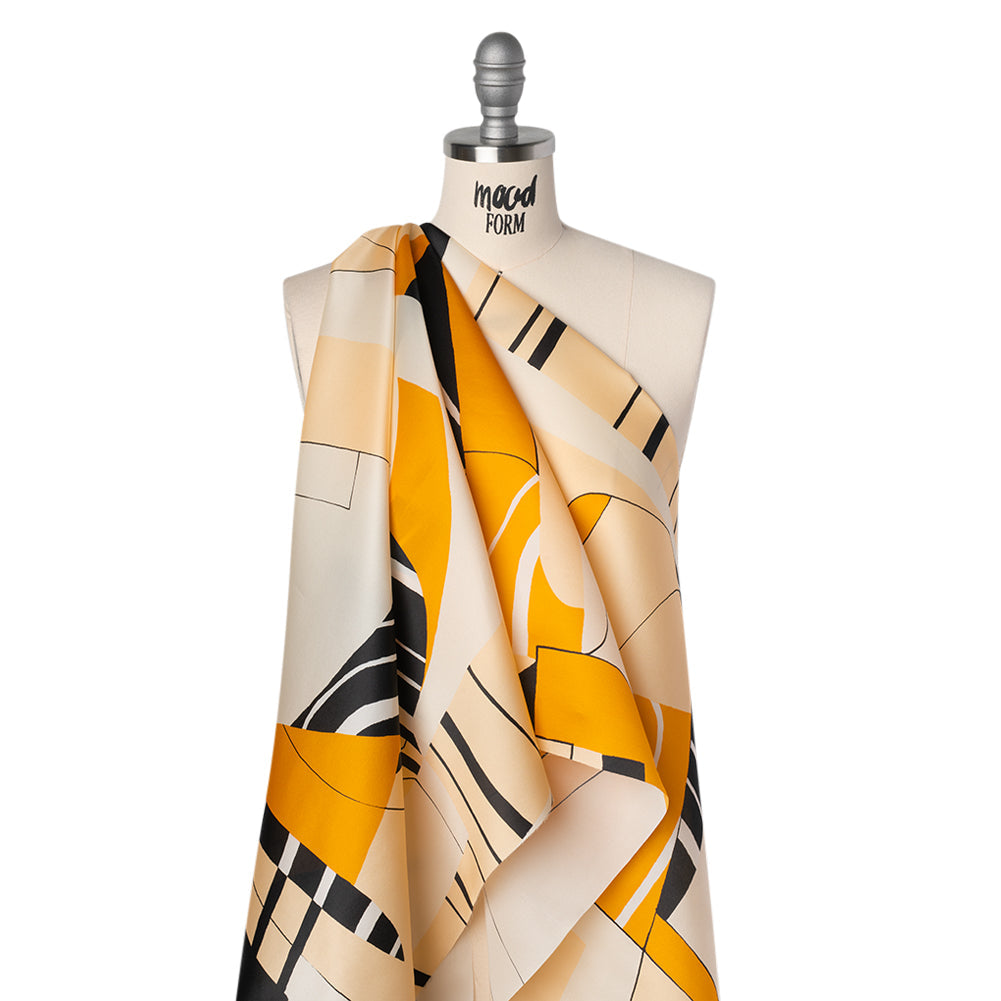Heavy Silk Satin-Faced Organza, Made in Italy - Off White, Golden Yellow and Black Abstract