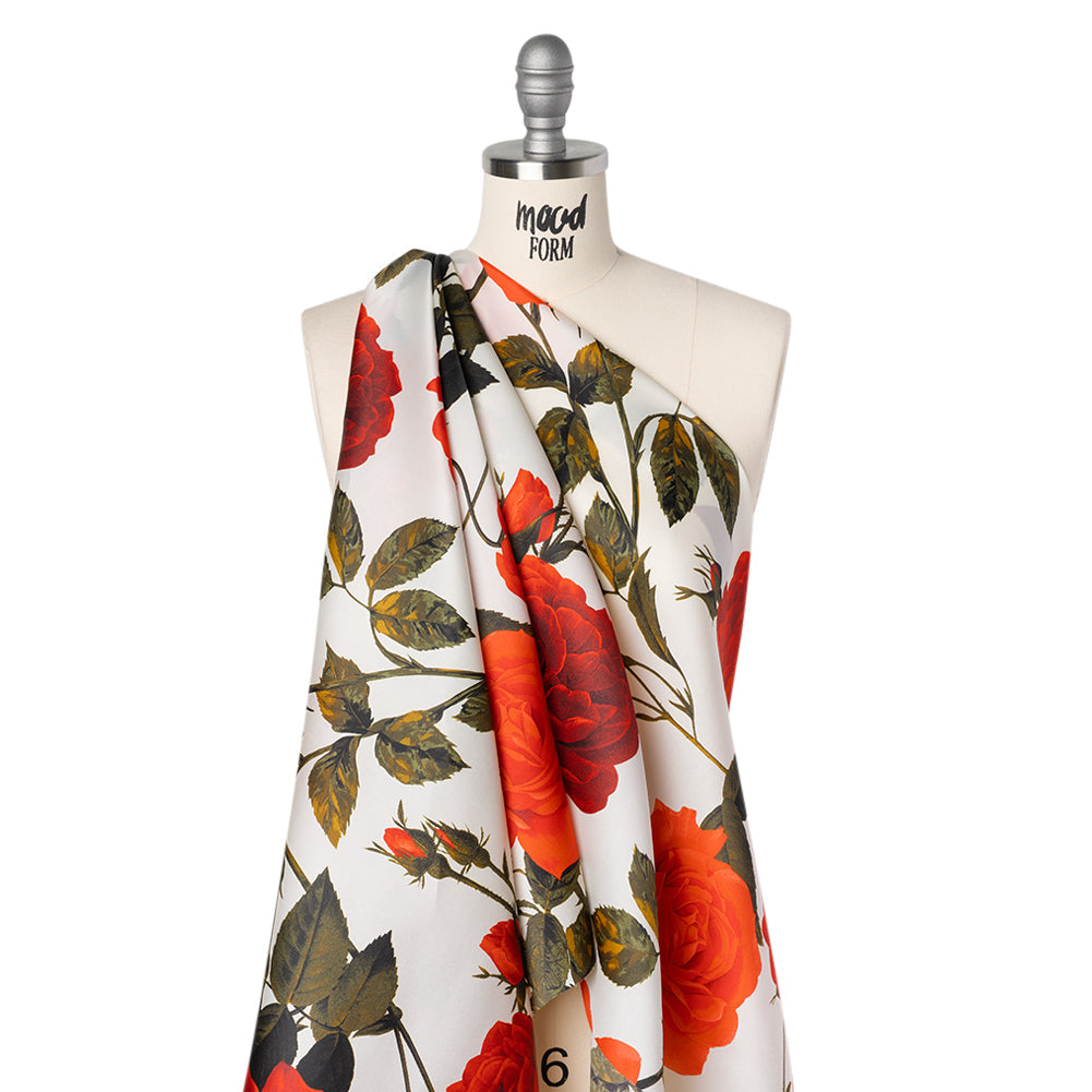 Heavy Silk Satin-Faced Organza, Made in Italy - White, Red and Olive Green Roses and Stems
