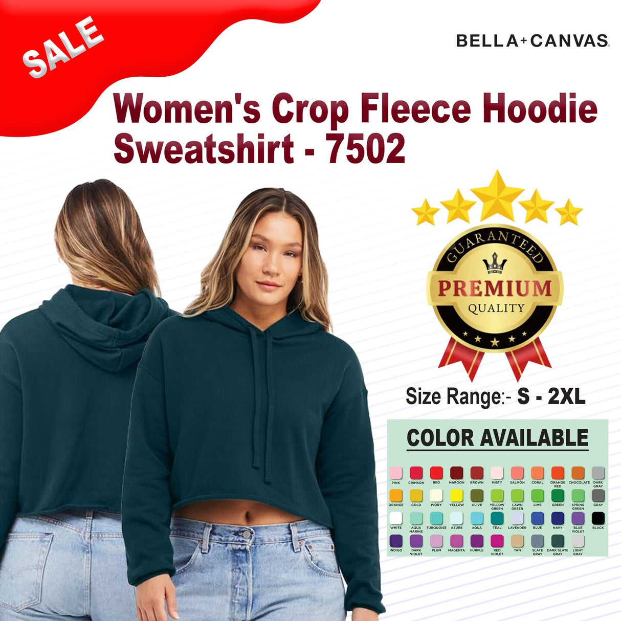 BELLA + CANVAS® Women’s Crop Fleece Long Sleeve Hoodie Sweatshirt