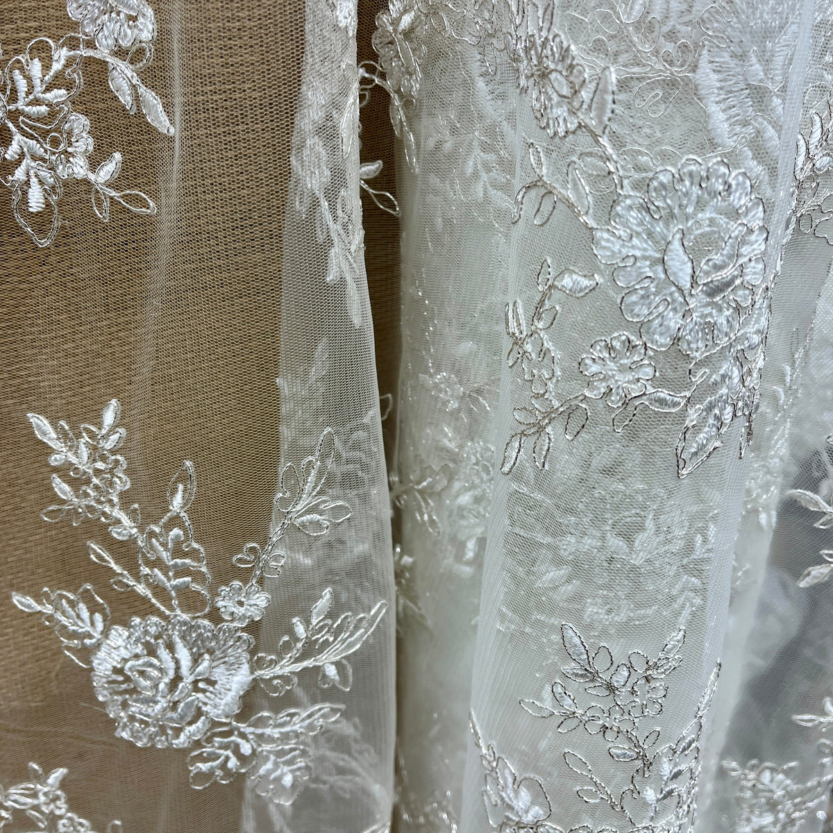 1 Yard Corded Bridal Lace Fabric Embroidered on 100% Polyester Net Mesh, 52" Wide