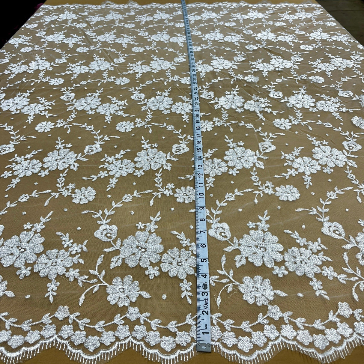 Embroidered Lace Fabric - 100 Percent Polyester Net Mesh, Floral Beaded Design, 52" Width (1 Yard)
