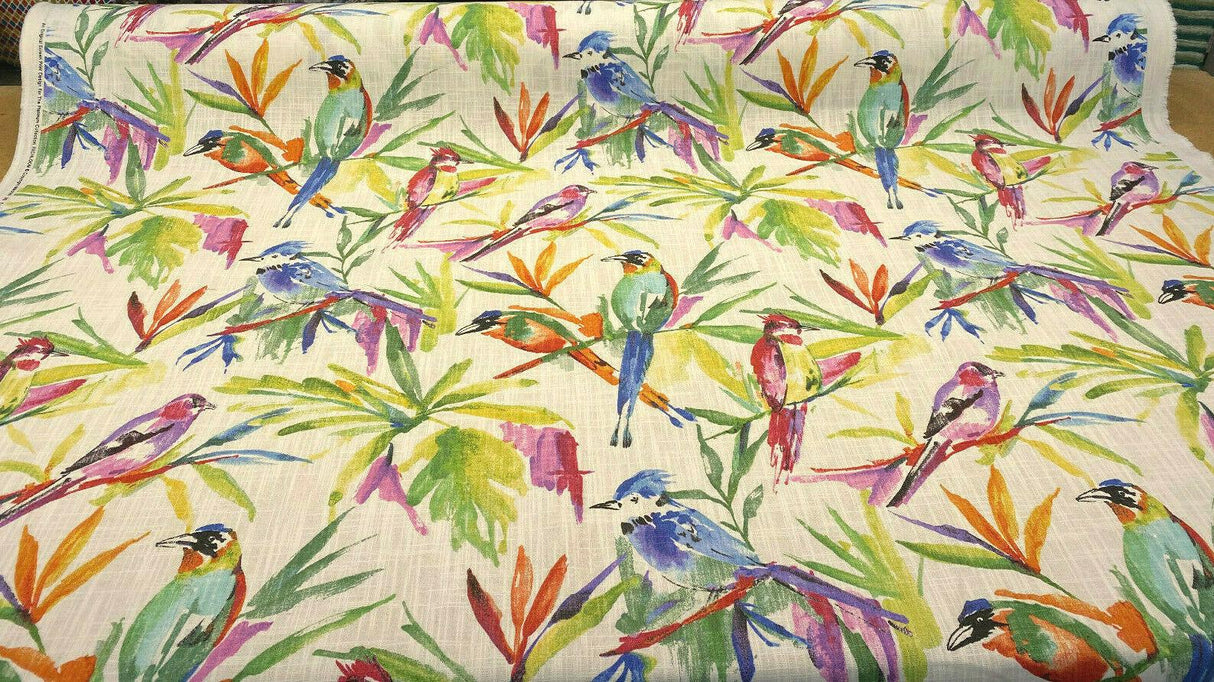 Songbird Tropical Cotton Slub Fabric - Tropical Bird Print, Off White Background, 54" Width, 27" Vertical Repeat, 13.5" Horizontal Repeat (1 Yard)