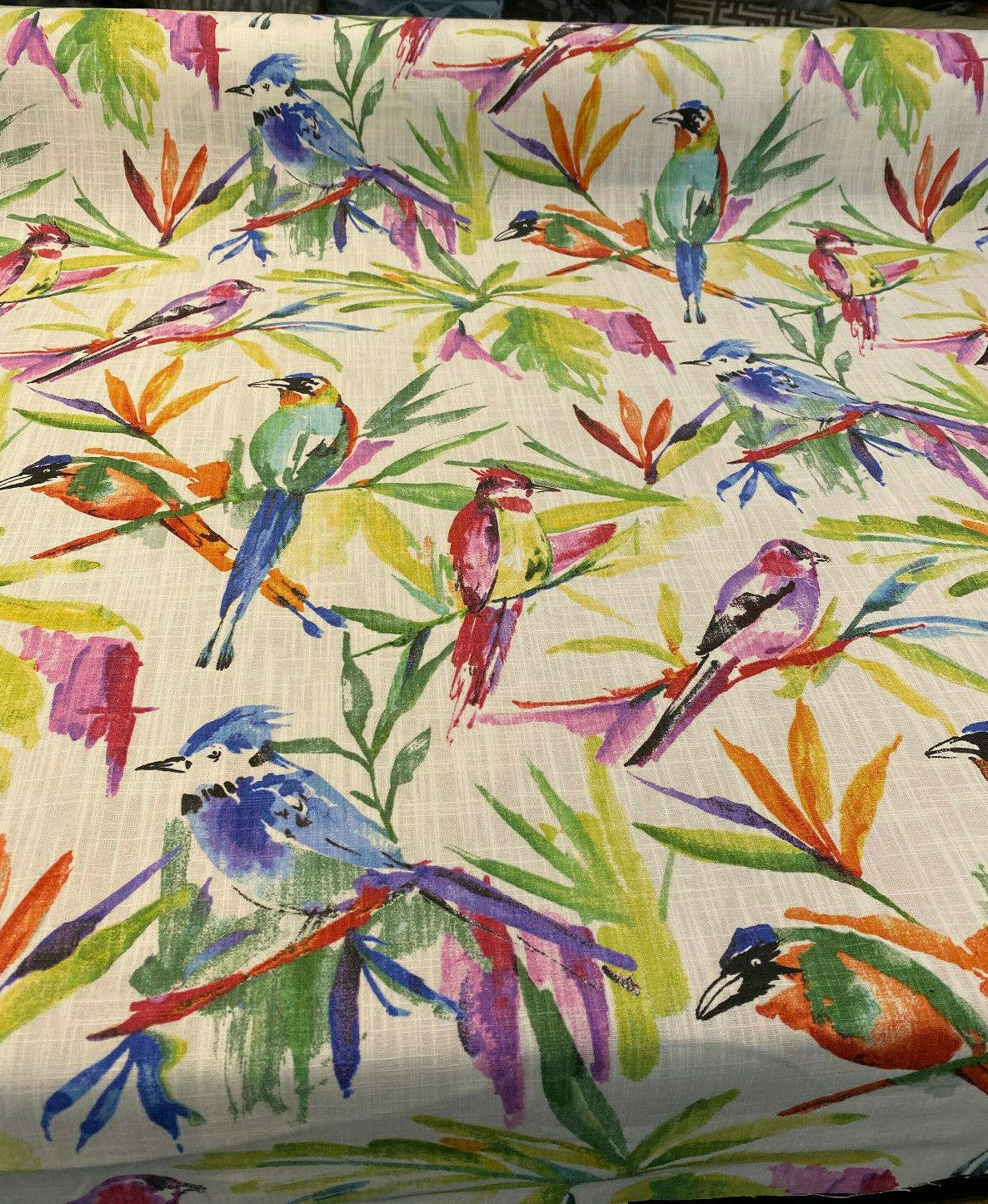 Songbird Tropical Cotton Slub Fabric - Tropical Bird Print, Off White Background, 54" Width, 27" Vertical Repeat, 13.5" Horizontal Repeat (1 Yard)