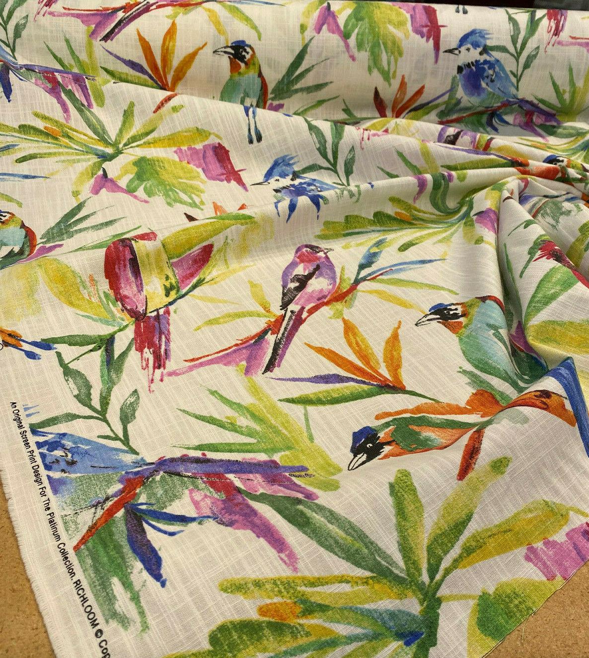 Songbird Tropical Cotton Slub Fabric - Tropical Bird Print, Off White Background, 54" Width, 27" Vertical Repeat, 13.5" Horizontal Repeat (1 Yard)