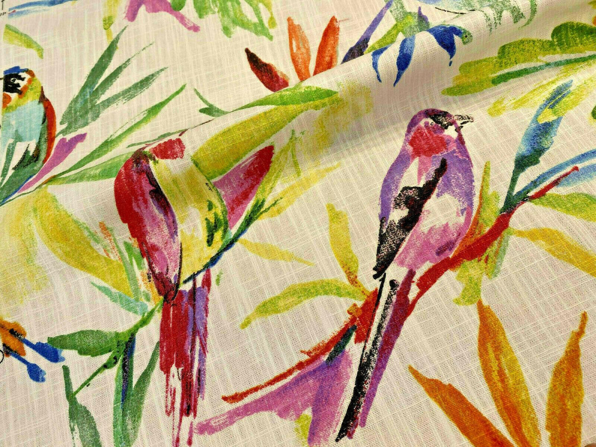Songbird Tropical Cotton Slub Fabric - Tropical Bird Print, Off White Background, 54" Width, 27" Vertical Repeat, 13.5" Horizontal Repeat (1 Yard)