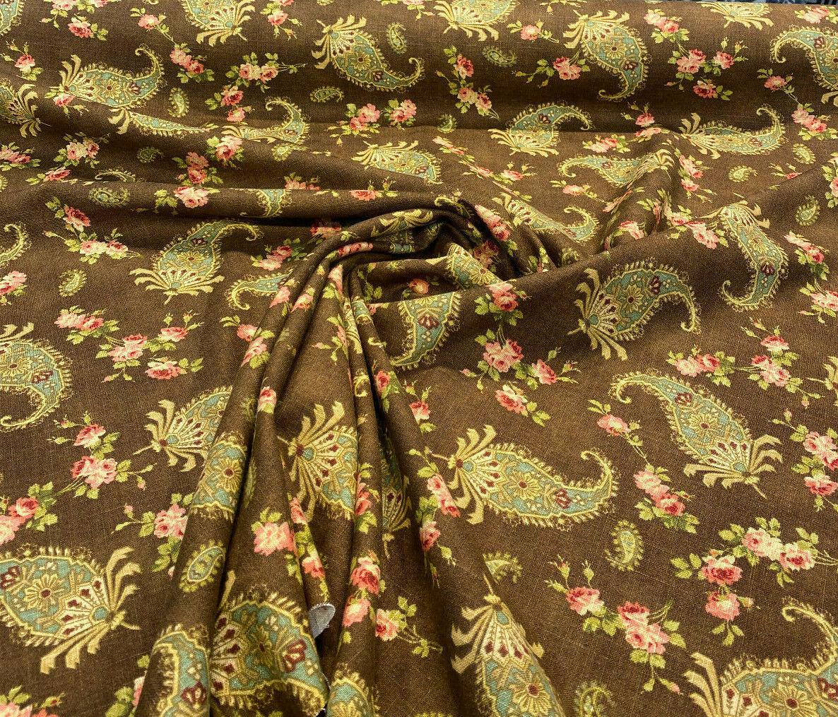 Waverly Vintage Prelude Paisley Brown Linen Rayon Blend Fabric - Paisley Floral, Chocolate Brown With Red And Green Accents, 54" Width (1 Yard)