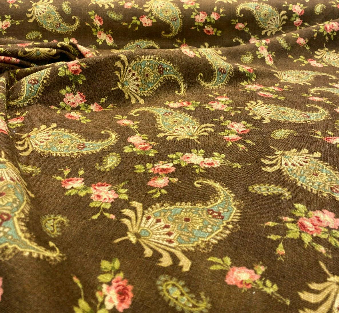 Waverly Vintage Prelude Paisley Brown Linen Rayon Blend Fabric - Paisley Floral, Chocolate Brown With Red And Green Accents, 54" Width (1 Yard)