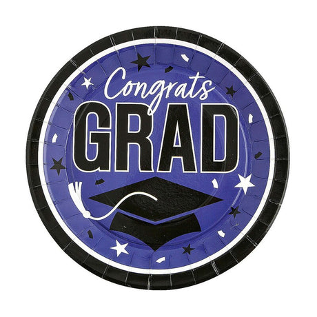 9" Graduation Party Blue Congrats Grad Round Paper Dinner Plates 25 Ct.