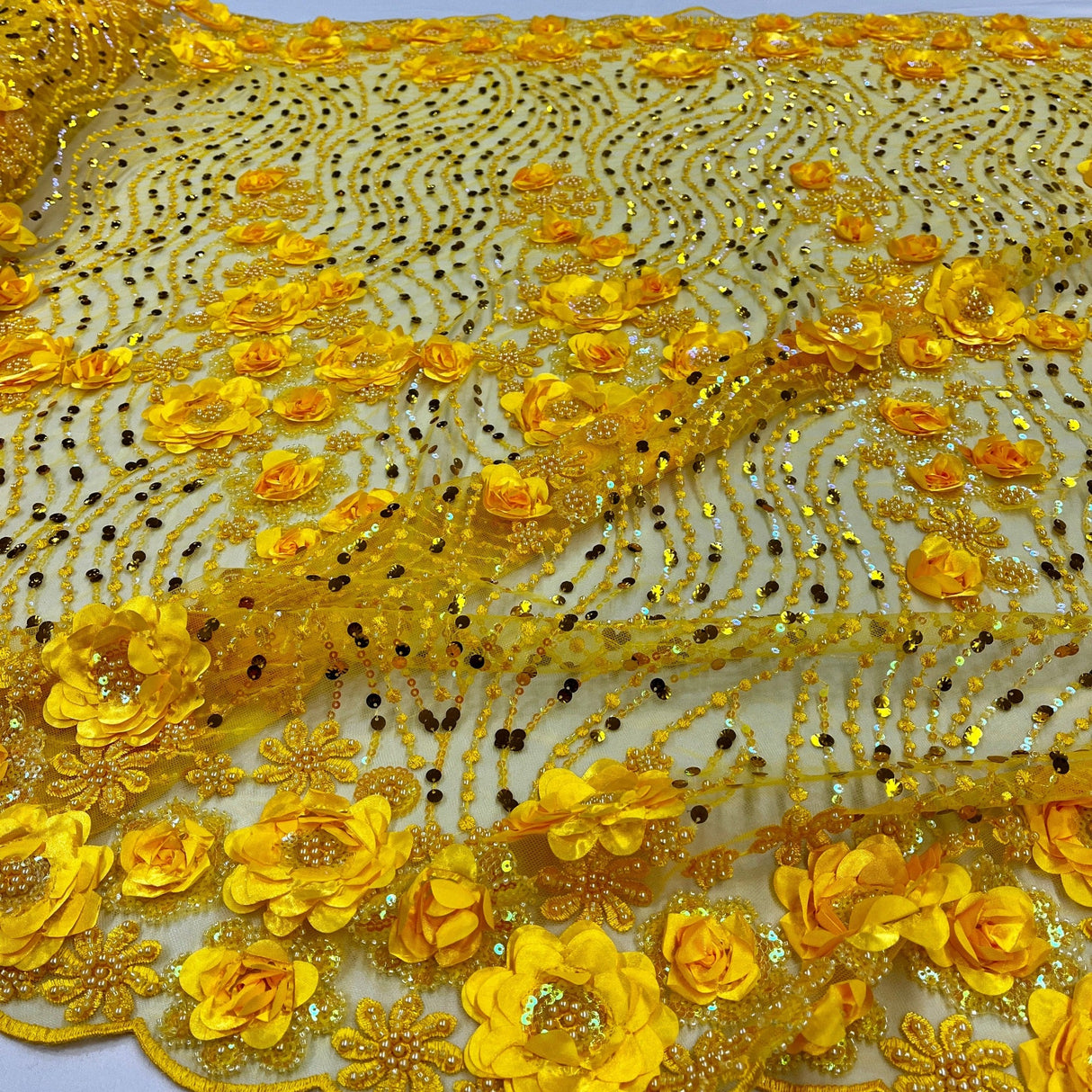 Beaded 3D Floral Lace Fabric