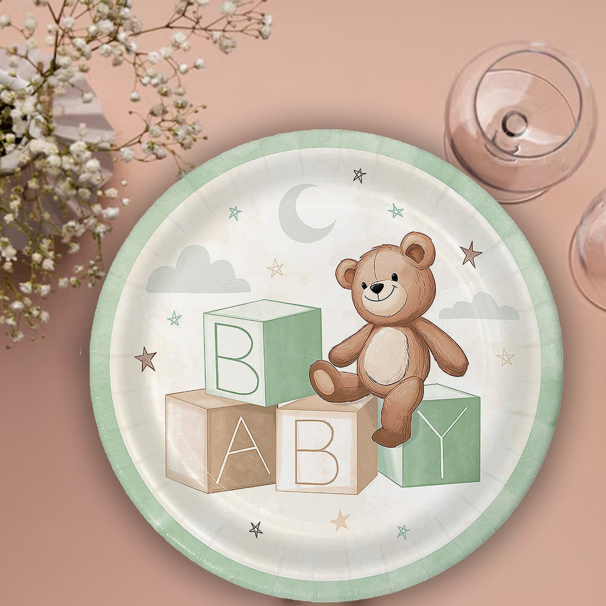 8 Ct. Teddy Bear Paper Dinner Plates with Green Trim 9" Baby Shower Party Plates