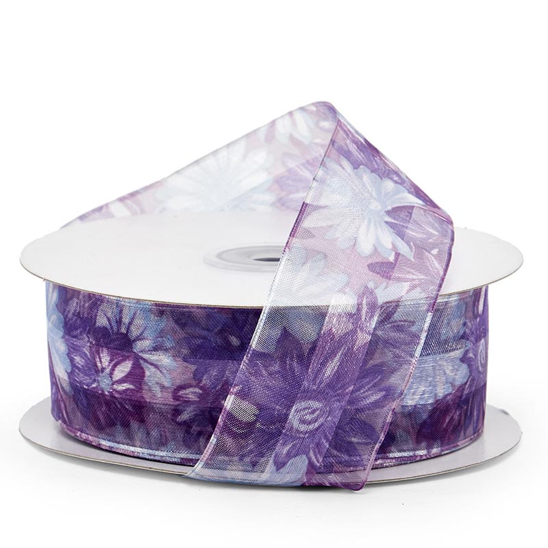 Daisy Center Strip Sheer Wired Ribbon 1 1/2 '' X 50 yd - Purple Color 1 / ROLL