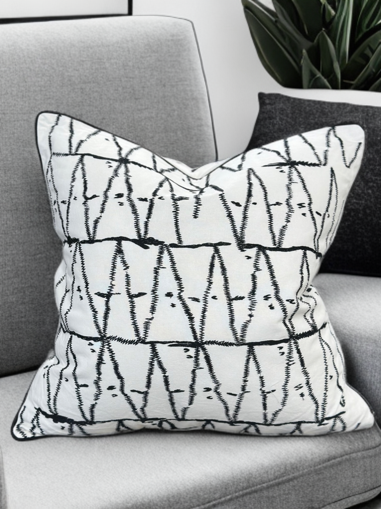 Viva015 White Velvet Pillow - Black Embroidered Abstract, Thick Border, 20" X 20" (1 Piece)