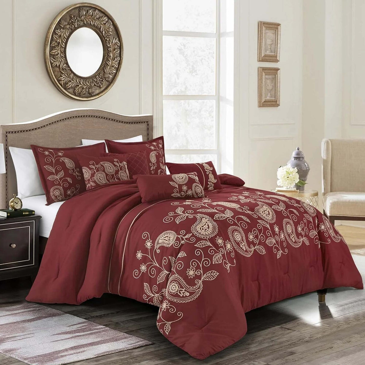 Paisley Embroidery 7 Pieces Burgundy Comforter Set
