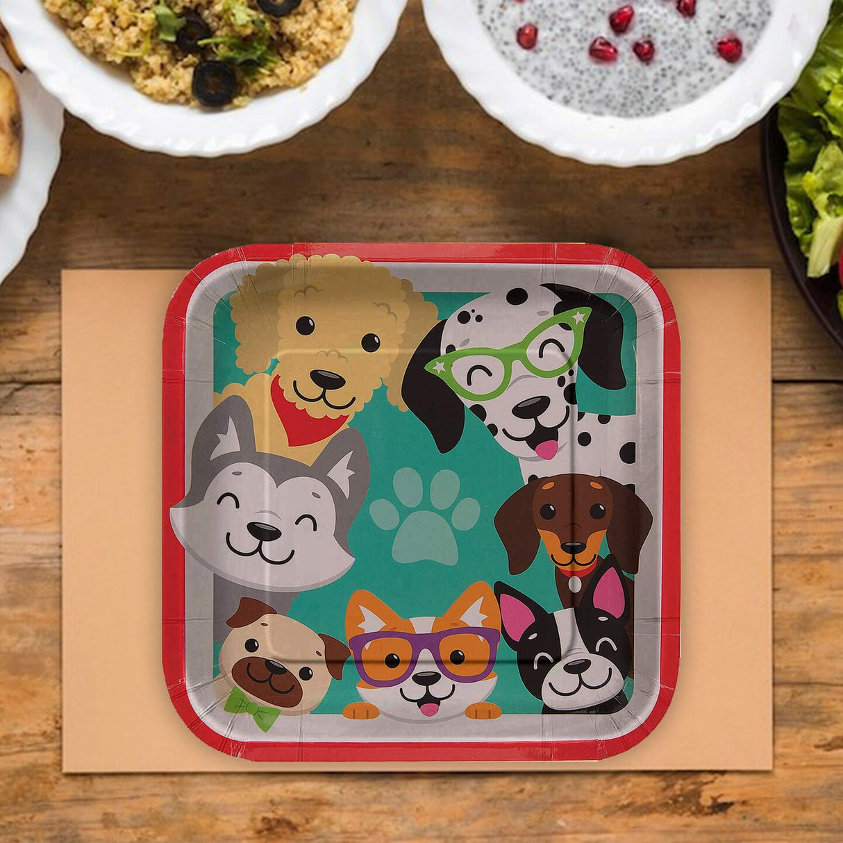 8 Count Dog Party Paw Print Square Paper Plates Disposable Birthday Celebrations 9"