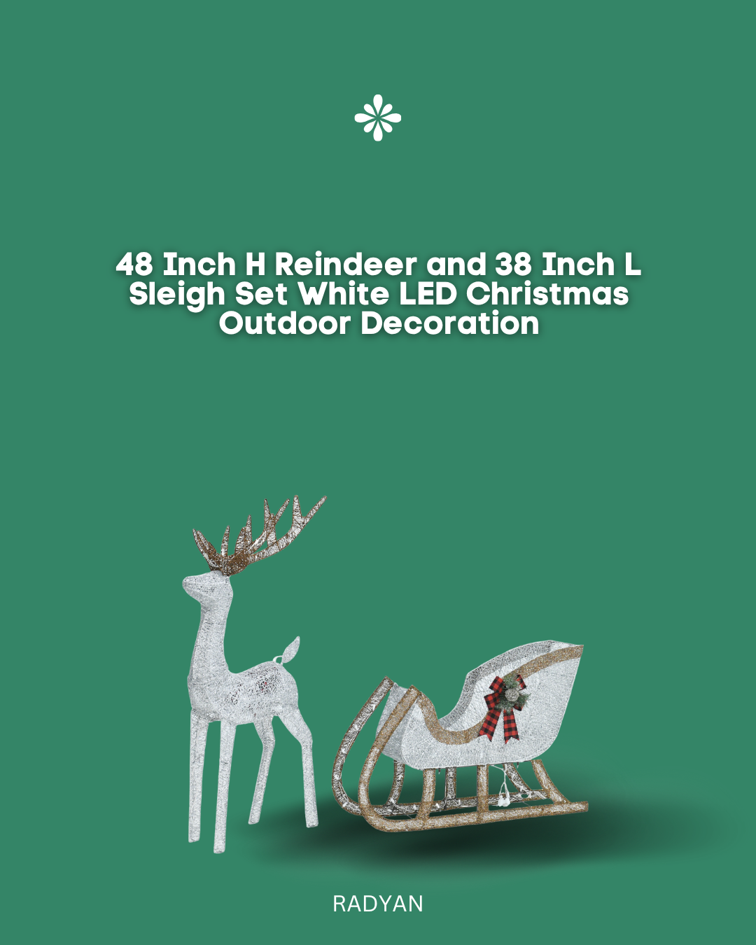 48 Inch H Reindeer and 38 Inch L Sleigh Set White LED Christmas Outdoor Decoration