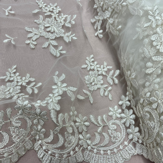 1 Yard Corded Bridal Lace Fabric Embroidered on Polyester Net Mesh 53 inch Width